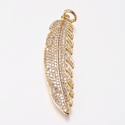 Золотой Латунные микро проложить кубического циркония подвески, перо, золотые, 45.5x12x2 мм, отверстие : 4 мм