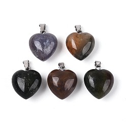 (RRHB277) Кристалл на подкладке из медово-бежевого цвета Подвески из натурального индийского агата (окрашенного и подвергнутого термической обработке)., сердце прелести, с железной застежкой платинового цвета на дужках, 16~19x15~18x8~10.5 мм, отверстие : 5.5~6x2~2.5 мм