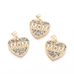 Golden Brass Micro Pave Cubic Zirconia Pendants, Heart with Word MOM, For Mother's Day, Colorful, Golden, 19x18.5x2.5mm, Hole: 3.5x4.5mm