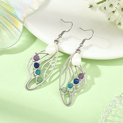 Stainless Steel Color 201 Stainless Steel Dangle Earrings for Women, Butterfly Wing, with Gemstone & Shell Pearl Beads, Stainless Steel Color, 60x19.5mm