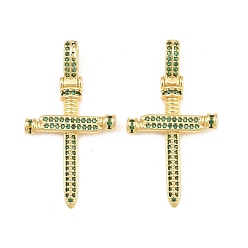Real 18K Gold Plated Brass Micro Pave Green Cubic Zirconia Pendants, Sword Cross Charms, Rack Plating, Long-Lasting Plated, Lead Free & Cadmium Free, Real 18K Gold Plated, 36x19x3mm, Hole: 5.5x3mm