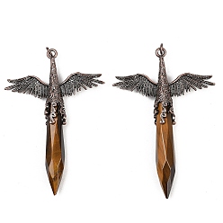 Тигровый глаз Крупные подвески из натурального тигрового глаза с огранкой в форме заостренного стержня, напоминающего пулю., подвески в виде ангельских крыльев из сплава, Красная медь, 73~74x52~52.5x11 мм, отверстие : 4 мм