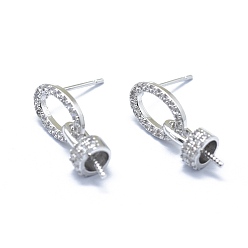 Platinum Brass Stud Earring Findings, For Half Drilled Beads, with Micro Pave Cubic Zirconia, Clear, Platinum, 20x7.5mm, Pin: 0.5mm