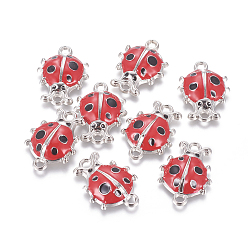 Crimson Alloy Enamel Links connectors, Cadmium Free & Lead Free, Ladybug, Platinum Color, Crimson, Size: about 26mm long, 19mm wide, 5mm thick, hole: 3mm