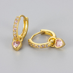 Pink Brass Micro Pave Cubic Zirconia Hoop Dangle Earrings, Heart, Golden, Pink, 15.5mm