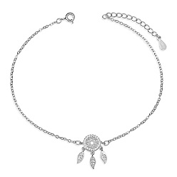 Platinum Rhodium Plated 925 Sterling Silver Link Anklets, with Grade AAA Cubic Zirconia, Woven Net/Web with Feather, Platinum, 8-1/4 inch(21cm)