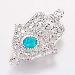 Синий Соединители латунные звенья, с синтетическим опалом, hamsa рука / рука fatima / рука miriam, платина, синие, 20x13x2 мм, отверстие : 1 мм