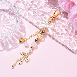 Золотой Ccb пластик и акрил искусственный жемчуг и сплав подвесные украшения, с сплава шарнирного когтя омара застежками, бантом, золотые, 13.5 мм