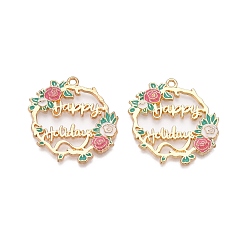 Светло-Вишневый Стойки обшивки сплава эмали подвески, без кадмия, без никеля и без свинца, золотой свет, цветок со словом счастливых праздников, светло-вишневый, 29.5x29x2 мм, отверстие : 1.8 мм