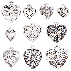 Antique Silver 50Pcs 10 Styles Tibetan Style Alloy Charms, Heart Charms, Antique Silver, 12~20x9.5~19x1.5~4mm, Hole: 1.5~2mm, 5pcs/style