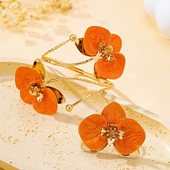Naranja Oscura Conjuntos de joyería de hierro esmaltado, Conjuntos de pulseras y anillos con flores para mujer, dorado, naranja oscuro, diámetro interior: 62 mm