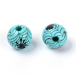 Dark Turquoise Schima Wood Beads, Round with Spider Web Pattern, Dark Turquoise, 15mm, Hole: 4mm