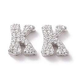 Letter K 925 Sterling Silver Micro Pave Cubic Zirconia Beads, Real Platinum Plated, Letter K, 9x6x3.5mm,  Hole: 2.5x1.5mm
