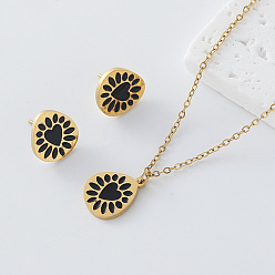 Black 304 Stainless Steel Enamel Heart Flower Pendant Necklace & Stud Earrings Set for Women, Golden, Black, 450mm