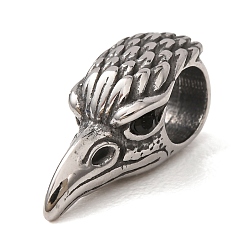 Jet 316 Surgical Stainless Steel European Beads, with Rhinestone, Large Hole Beads, Eagle Head, Antique Silver, Jet, 16.5x6.5x8mm, Hole: 5mm