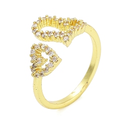 Сердце Открытые манжеты из латуни с микропаве и прозрачным цирконием для женщин, реальный 18 k позолоченный, сердце, внутренний диаметр: 16.5 мм