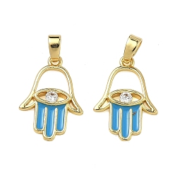Темно-Голубой Латунные микропаве прозрачные подвески с фианитом, эмалированные подвески в виде руки хамсы, стойки покрытие, долговечный, реальный 18 k позолоченный, глубокое синее небо, 18.5x13x2.5 мм, отверстие : 4x2.5 мм