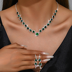 Изумруд Комплект из плоской круглой латунной цепочки со стразами и серег-гвоздиков для женщин, изумруд, 300 мм