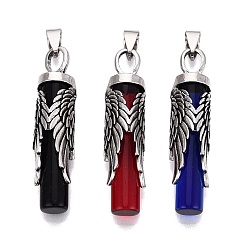 Mixed Color Gothic Alloy Glass Pendants, Column with Angel Wings Charms, Antique Silver, Mixed Color, 48.5~49.5x11.5x10~11mm, Hole: 8x4.5mm