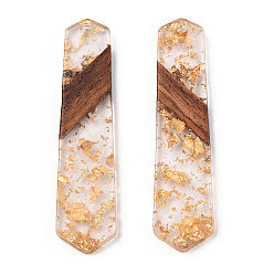 Clear Transparent Resin & Walnut Wood Pendants, with Gold Foil, Polygon Charms, Clear, 49.5x12.5x4mm, Hole: 2mm