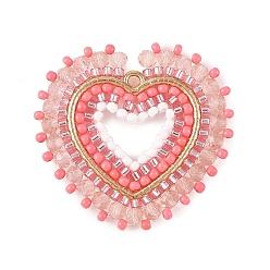 Pink Glass Seed Beaded Pendants, Heart Charm, with Alloy Findings & Glass, Pink, 36x37~38x3.5mm, Hole: 2mm