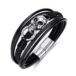 Black Imitation Leather Multi-strand Bracelet Alloy Skull Beaded, Black, 8-1/4 inch(21cm)