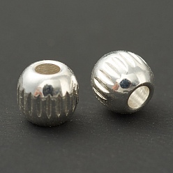 Посеребрённый Латунные бусины, долговечный, гофрированный круглый, 925 серебро покрытием, 3.9x3.6 мм, отверстие : 1.6 мм