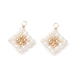 Golden Shell Pearl Bead Pendants, with Brass Findings, Rhombus Charms, Golden, 27x21x4mm, Hole: 3.5mm