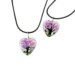 Темно-Фиолетовый Прозрачное стекло с подвеской в форме сердца в форме дерева жизни, засушенным цветком, ожерелье из черного вощеного шнура, темно-фиолетовый, 17.72~18.11 дюйм (45~46 см)