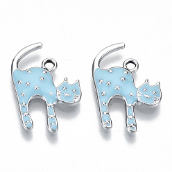 Светло-Голубой Экологически чистые подвески из цинкового сплава, с эмалью, без кадмия, без никеля и без свинца, форма кошки, платина, Небесно-голубой, 22~23x14~15x2~3 мм, отверстие : 1.8 мм