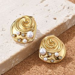 Shell Shape 304 серьги-гвоздики из нержавеющей стали с прозрачным фианитом, с пластиковой имитационной жемчужиной, реальный 18 к глод, формы раковины, 20x20 мм