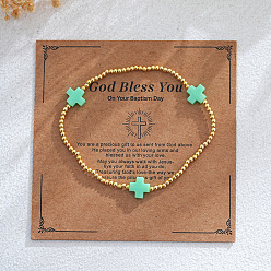 Бледно-Зеленый Латунные эластичные браслеты с круглыми бусинами, украшения из смолы крест для женщин, с бумажной карточкой, бледно-зеленый, 7-7/8 дюйм (20 см), внутренний диаметр: 6-7/8 дюйм (17.5 см)