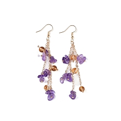 Amethyst Golden Plated Brass Dangle Earrings, with Natural Amethyst Chips, Jewely for Women, 80~84mm