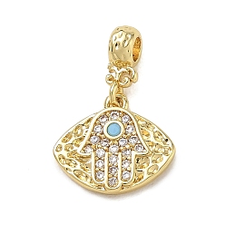 Golden Brass Micro Pave Clear Cubic Zirconia Dangle Beads, Hamsa Hand Evil Eye, with Natural Turquoise, Golden, 17mm, Hole: 2.5mm