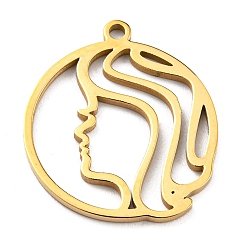Virgo 304 colgantes de acero inoxidable, real 18 k chapado en oro, Corte con laser, Charm redondo plano con el signo 12 constelaciones, Virgo, 22x20x1 mm, agujero: 1.6 mm