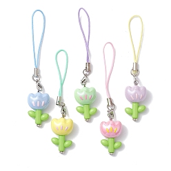Mixed Color Flower Acrylic Mobile Straps, with Nylon Phone Strap, Mixed Color, 9cm