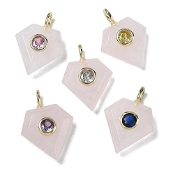 Розовый Кварц Ограненные подвески из натурального розового кварца, Бриллиантовые подвески с латунными микропаве и фианитами кубического циркония случайного цвета, золотые, 25x18x8 мм, отверстие : 4x2 мм