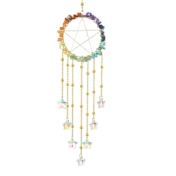 Золотой Украшение стеклянной подвески в виде звезды, подвесные ловцы солнца, с кольцом 304 фурнитура из нержавеющей стали, латунные бусины и бусины из драгоценных камней чакры, золотые, 320 мм