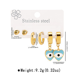 Синий 3 пары 304 комплекты серег с сердечками из нержавеющей стали с эмалью от сглаза, золотые, синие, 32x12мм и 14x3мм и 6мм