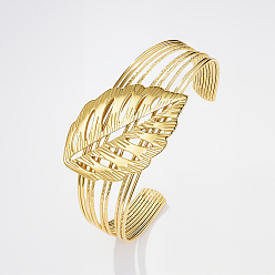 Настоящее золото 18K Браслеты-манжеты из нержавеющей стали в богемном стиле для женщин, лист, реальный 18 k позолоченный, внутренний диаметр: 2-5/8 дюйм (6.8 см)