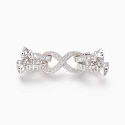 Real Platinum Plated Brass Micro Pave Cubic Zirconia Fold Over Clasps, Infinity, Clear, Real Platinum Plated, 40mm, Inner: 4mm