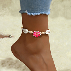 Темно-Розовый Браслеты на ногу из ракушек каури и деревянных бусин, цветок, темно-розовыми, 8-1/4 дюйм (210 мм)