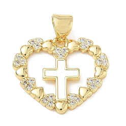 White Religion Cross Brass Micro Pave Clear Cubic Zirconia Pendants, Heart Charms with Enamel, Lead Free & Cadmium Free, Long-Lasting Plated, Rack Plating, Real 18K Gold Plated, White, 17x20x2mm, Hole: 5x3.5mm