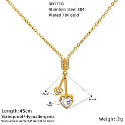 Heart 304 Stainless Steel Pave Clear Cubic Zirconia Pendant Necklaces for Women, Real 18K Gold Plated, Heart, 17.72 inch(45cm), Pendant: 2cm