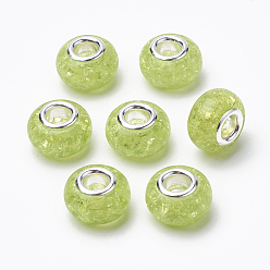 Light Green Crackle Resin European Beads, Large Hole Beads, with Silver Color Plated Brass Cores, Rondelle, Light Green, 13.5~14x8.5~9mm, Hole: 5mm