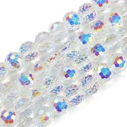 Прозрачный АВ Прозрачные стеклянные бусины гальваническим пряди, граненые, круглые, ясно AB, 9~10 мм, отверстие : 1.3 мм, около 63~68 шт / нитка, 24.41~25.43'' (62~64.6 см)