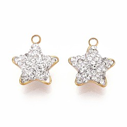 Прозрачный Ионное покрытие (ip) 201 брелоки из нержавеющей стали, звезда, с полимерной глиной горный хрусталь, реальный 18 k позолоченный, прозрачные, 13x11x4.5 мм, отверстие : 1.6 мм
