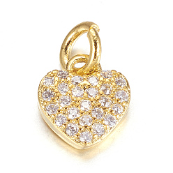 Golden Brass Micro Pave Cubic Zirconia Charms, Heart, Golden, 9x8x2mm, Hole: 3mm