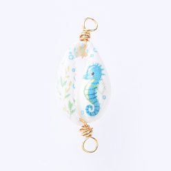 Deep Sky Blue Printed Cowrie Shell Links connectors, with Eco-Friendly Copper Wire Findings, Shell Shape, Deep Sky Blue, 31~32x12.5~13.5x6.5~7mm, Hole: 3mm, 3pcs/set