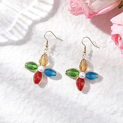 Разноцветный Серьги-подвески из цветочного стекла и круглых ракушек, с  латунными крючками для серег, золотые, красочный, 52.5x31 мм